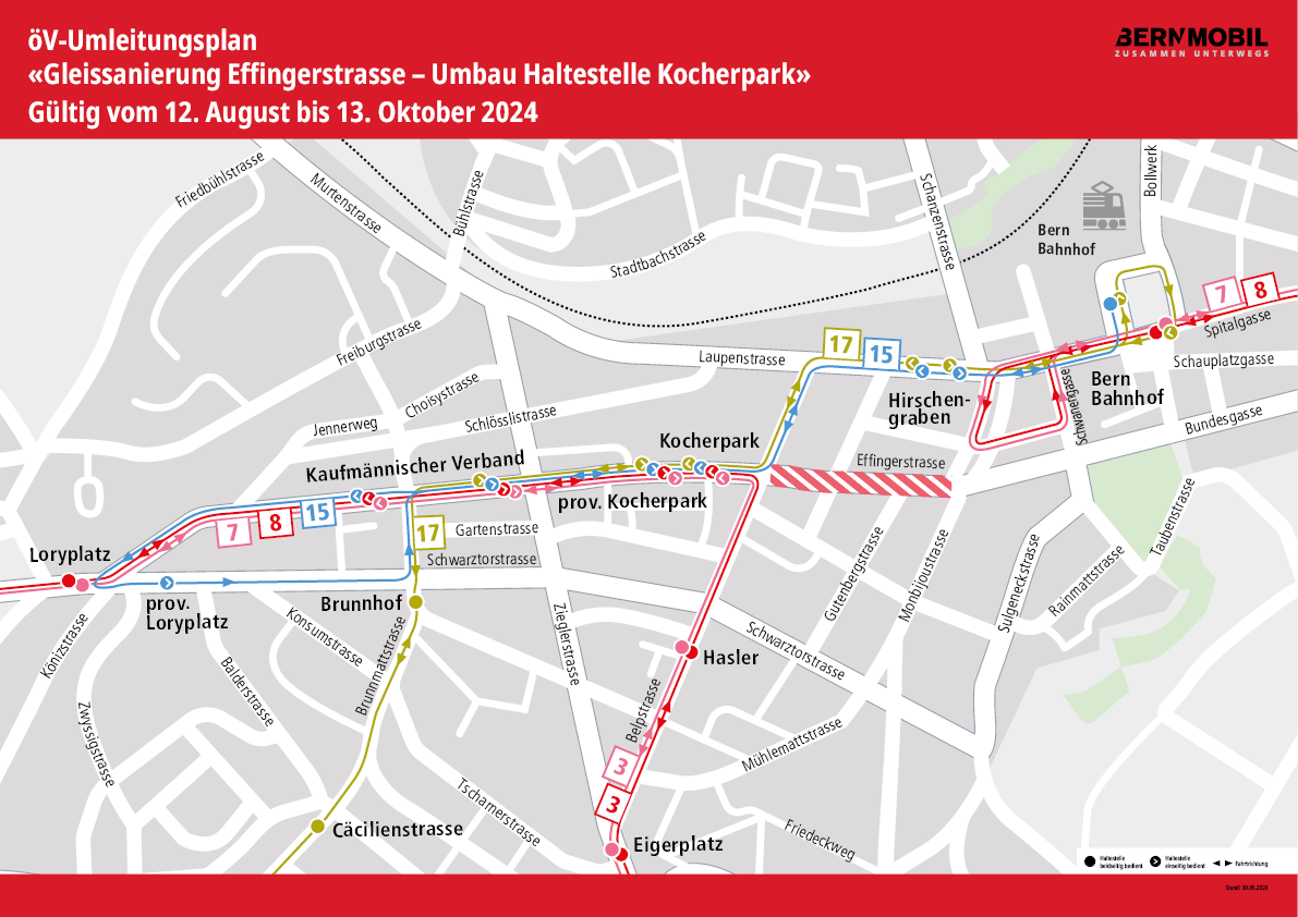 Umleitungsplan Effingerstrasse 12.08. bis 13.10.24